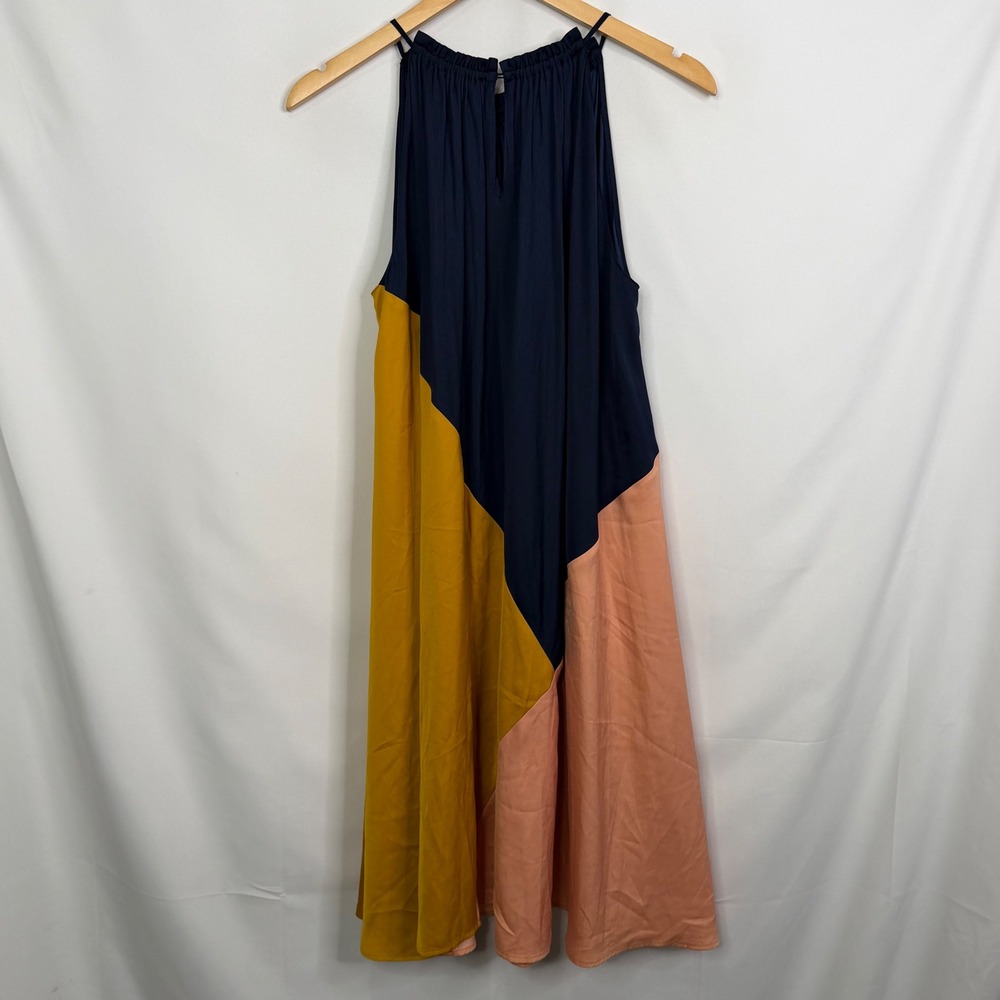 Loft Womens Colorblock Halter Midi Dress Navy Blue Mustard Peach Size M NEW - Picture 6 of 9
